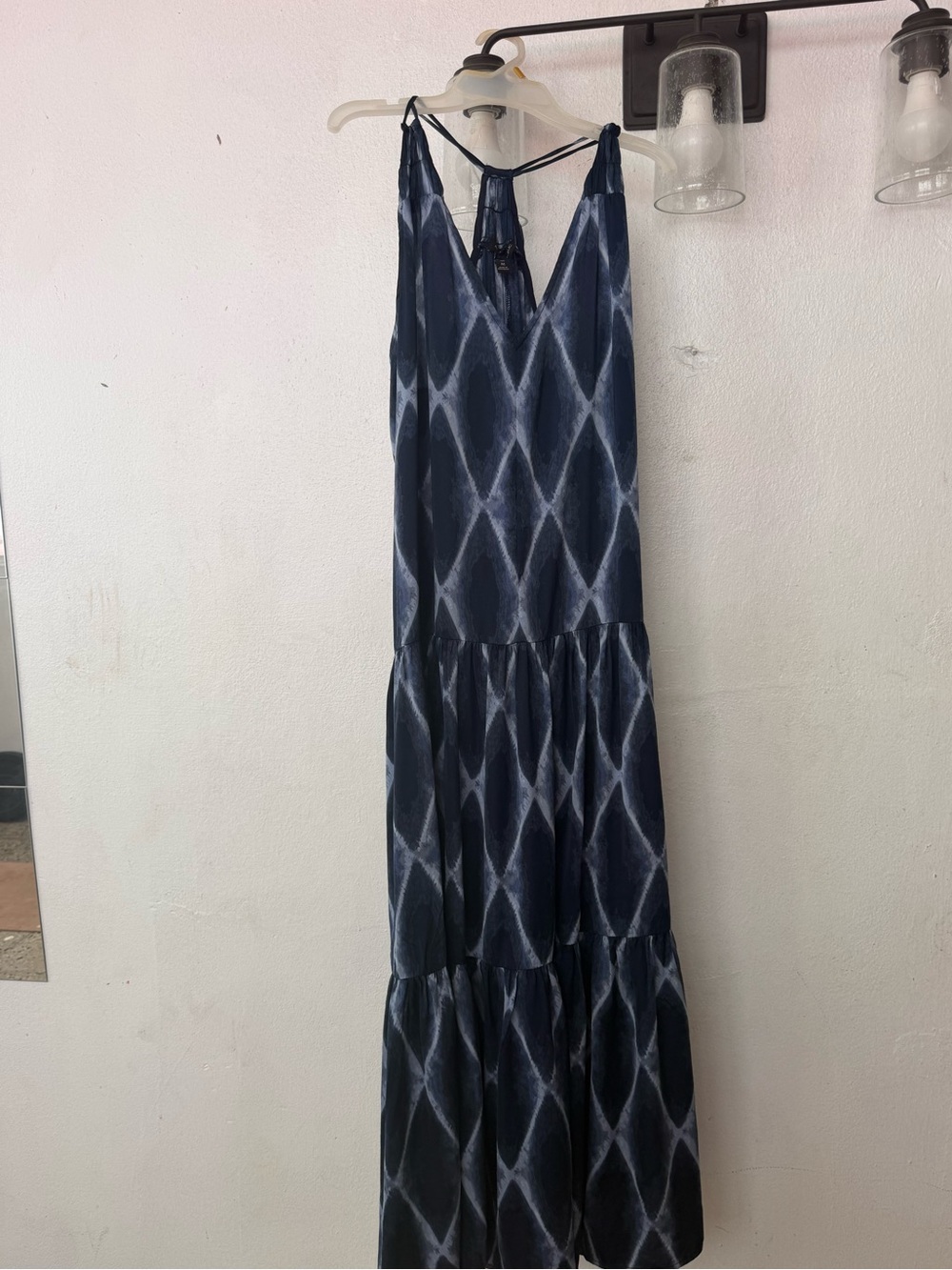 Spaghetti Strap Navy Diamond-Print Maxi Dress